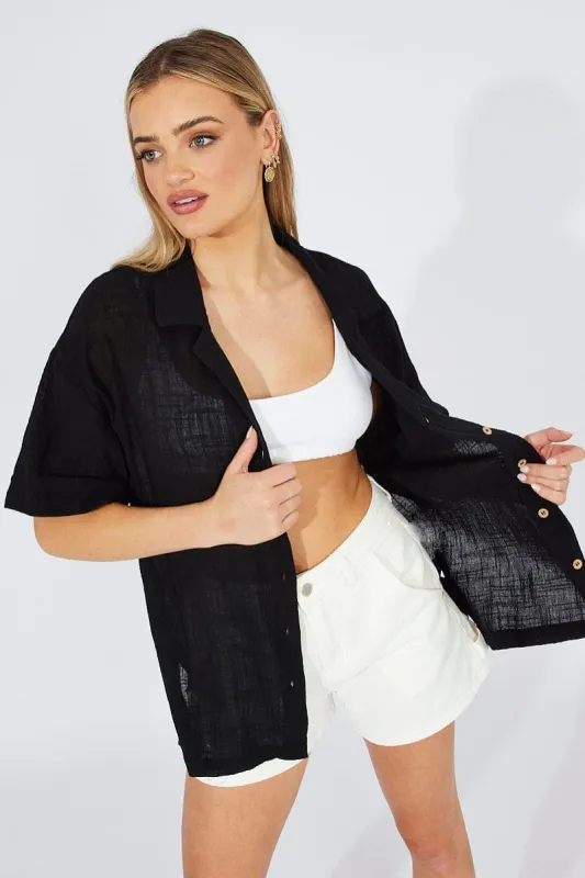 Black Shirt Short Sleeve Collared Neck sold by Ally Fashion