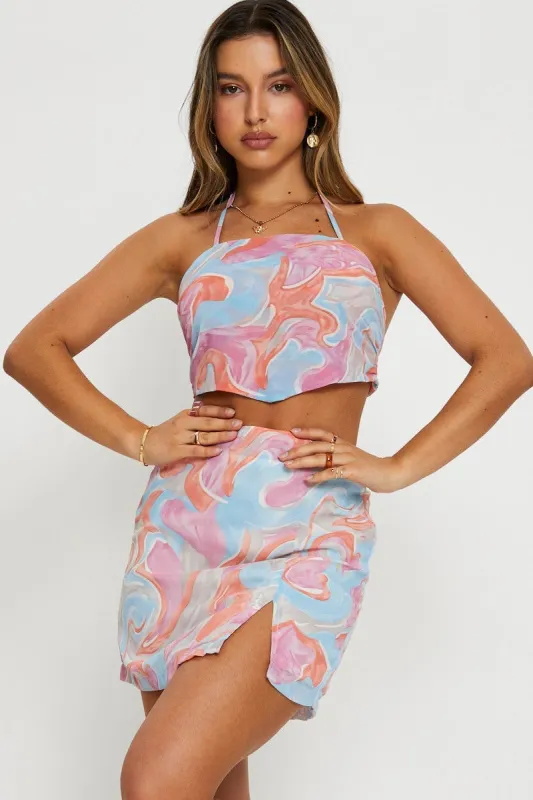 Abstract Print Mini Skirt Slit sold by Ally Fashion