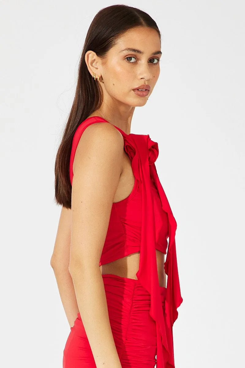 Red Crop Top One Shoulder Rose Ruffle Flower sold by Ally Fashion product image thumbnail 4