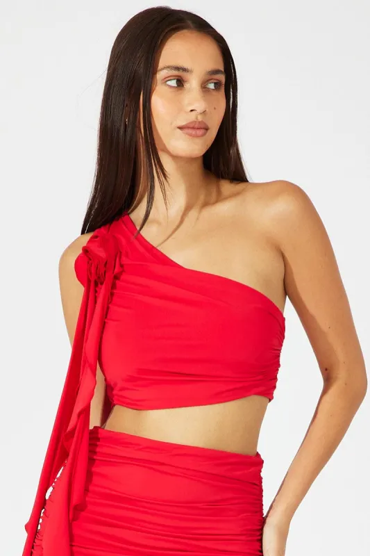 Red Crop Top One Shoulder Rose Ruffle Flower sold by Ally Fashion