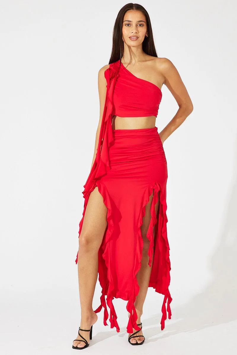 Red Crop Top One Shoulder Rose Ruffle Flower sold by Ally Fashion product image thumbnail 2