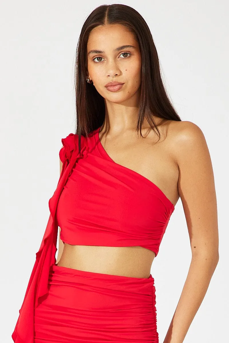 Red Crop Top One Shoulder Rose Ruffle Flower sold by Ally Fashion product image thumbnail 3