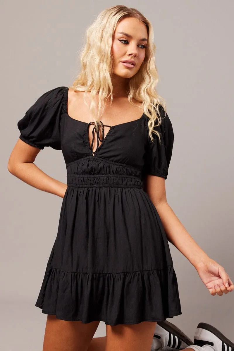Black Fit And Flare Dress Puff Sleeve Mini | Parallel