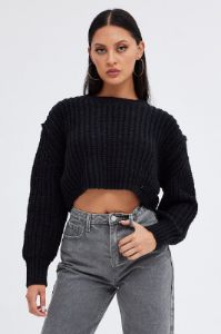Black Knit Top Round Neck Long Sleeve Crop sold by Ally Fashion
