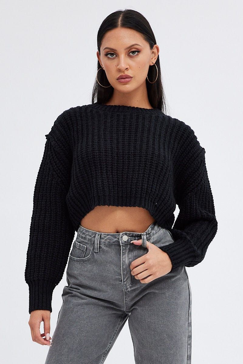 Black Knit Top Round Neck Long Sleeve Crop sold by Ally Fashion product image thumbnail 3