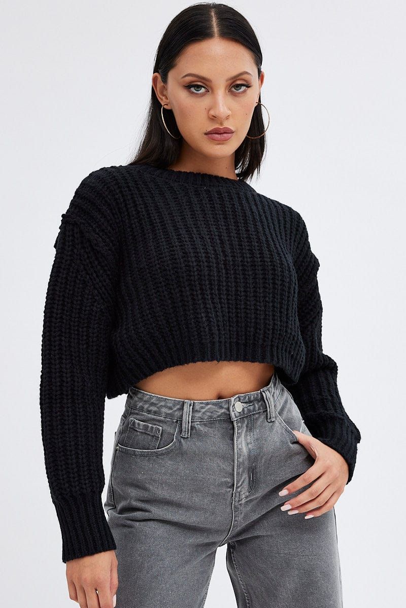 Black Knit Top Round Neck Long Sleeve Crop sold by Ally Fashion