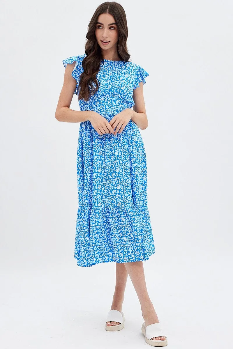 Blue Floral Tie Back Midi Dress sold by Ally Fashion