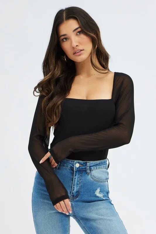 Black Bodysuit Long Sleeve Square Neck Mesh Lined sold by Ally Fashion