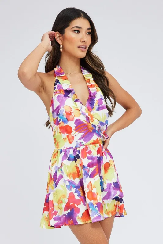 Multi Floral Ruffle Dress Halter Neck Watercolour Print made by Ally Fashion