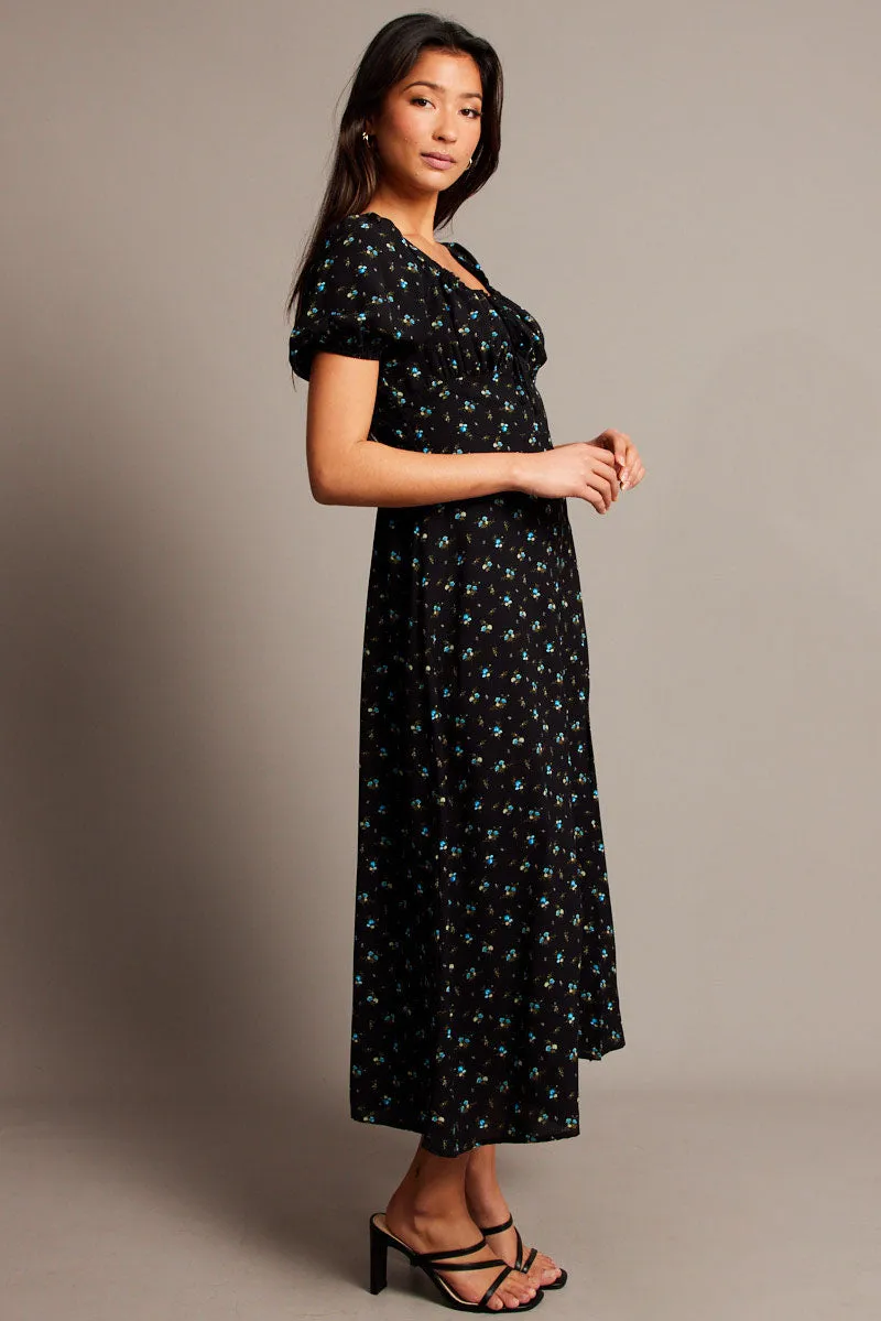 Black Ditsy Midi Dress Short Sleeve Side Split sold by Ally Fashion product image thumbnail 4