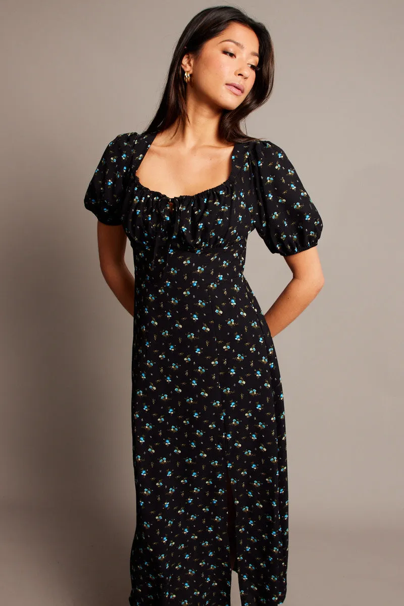 Black Ditsy Midi Dress Short Sleeve Side Split sold by Ally Fashion product image thumbnail 2