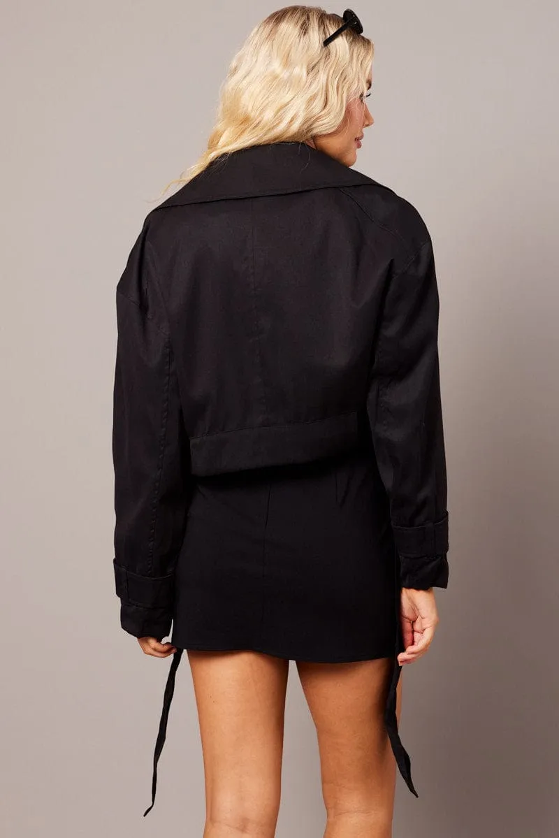 Black Short Trench Coat Long Sleeve sold by Ally Fashion product image thumbnail 5