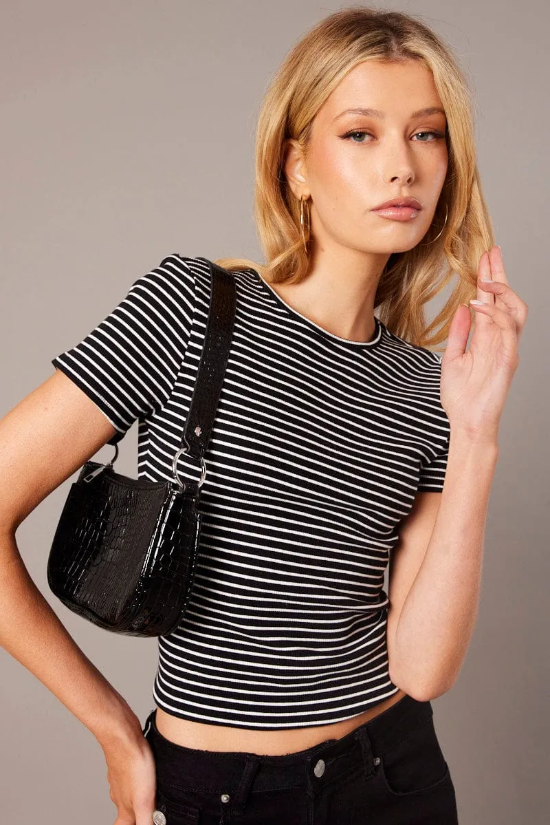Black Stripe Longline T Shirt Short Sleeve Crew Neck Rib Jersey sold by Ally Fashion