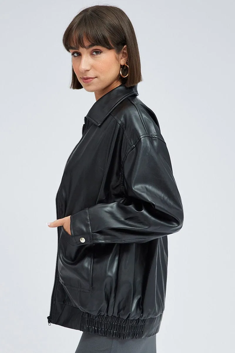 Black Faux Leather Jacket Long Sleeve sold by Ally Fashion product image thumbnail 4