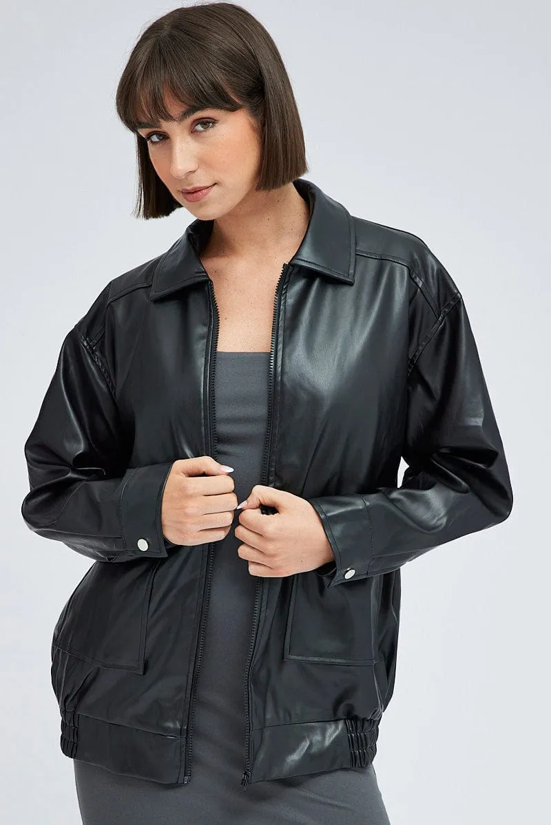 Black Faux Leather Jacket Long Sleeve sold by Ally Fashion