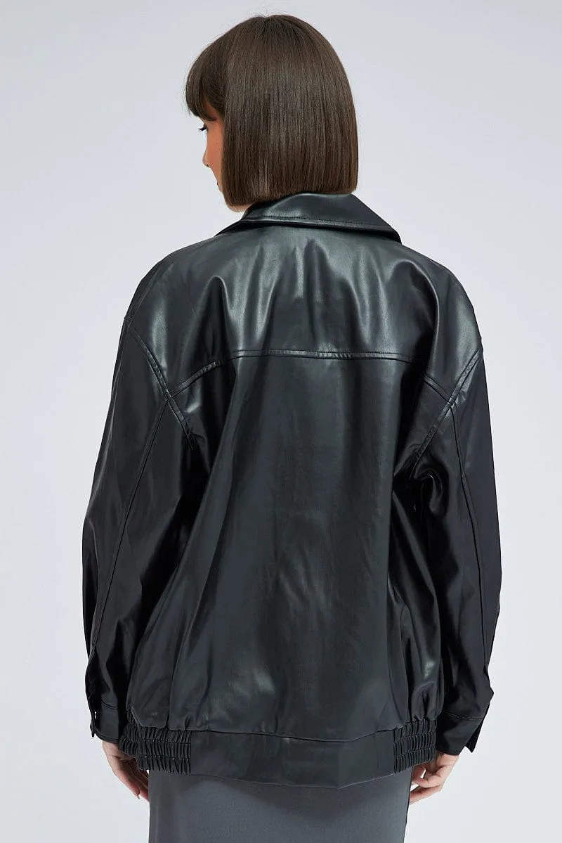 Black Faux Leather Jacket Long Sleeve sold by Ally Fashion product image thumbnail 5