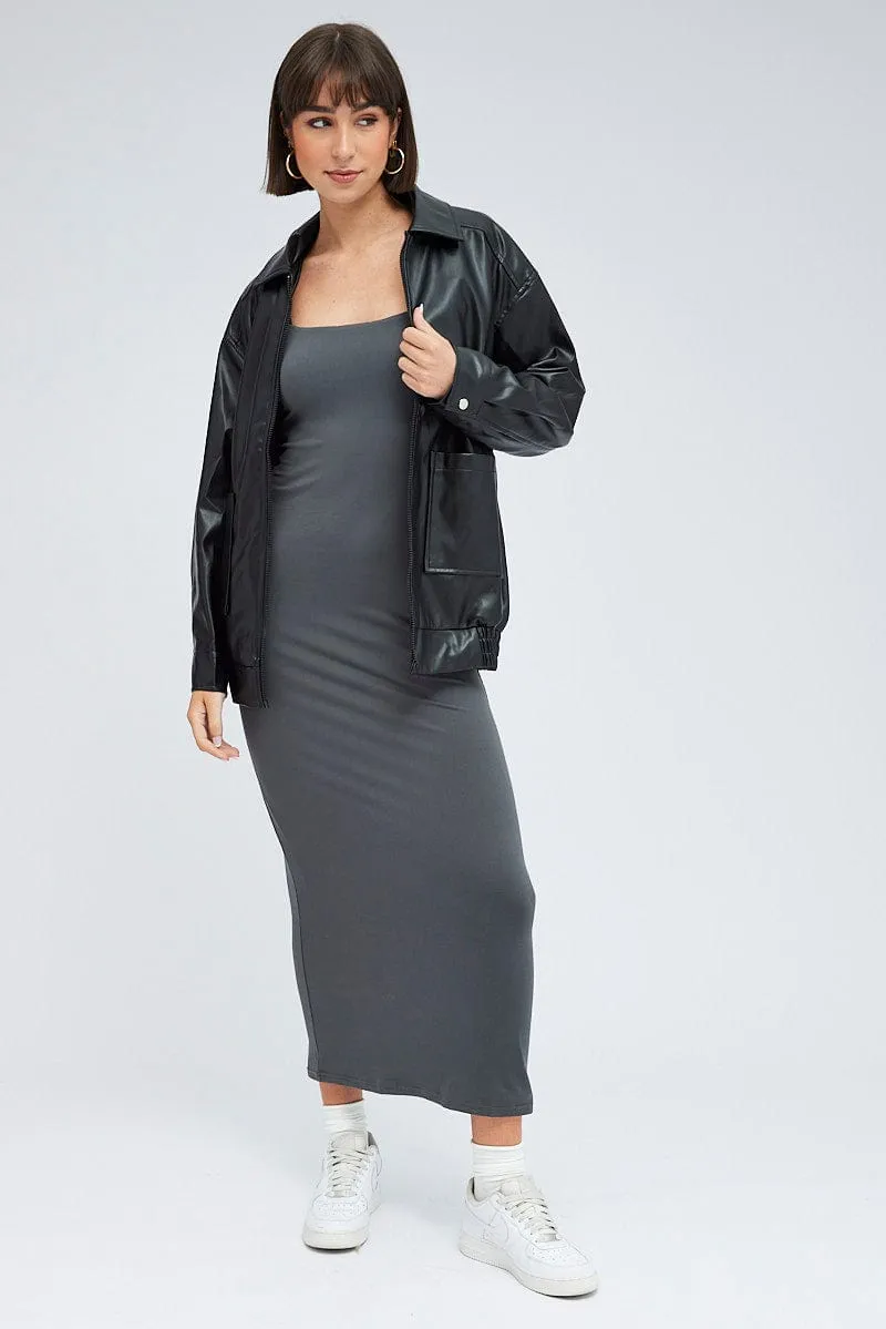 Black Faux Leather Jacket Long Sleeve sold by Ally Fashion product image thumbnail 2