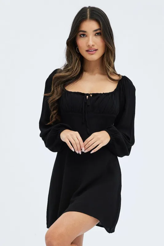 Black Mini Dress Ruched Bust Long Sleeve sold by Ally Fashion