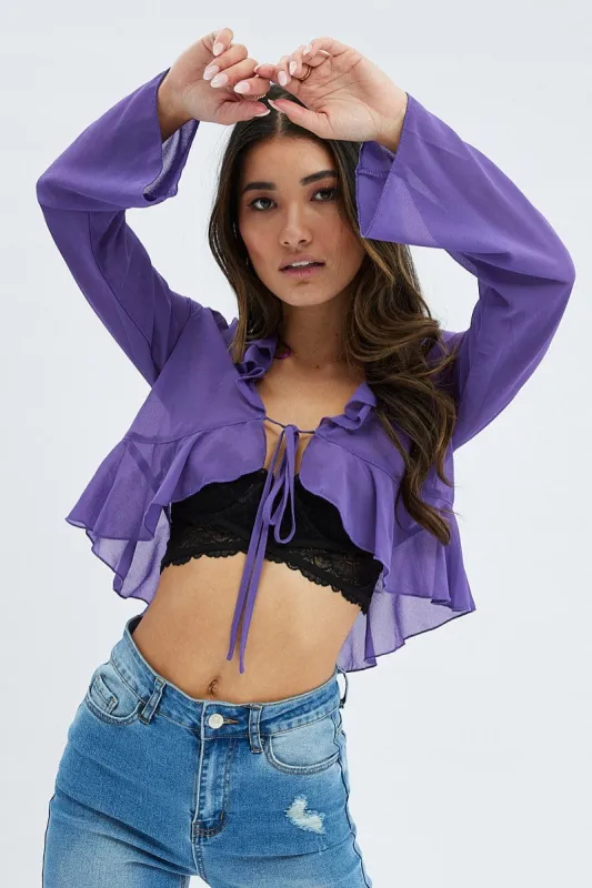 Purple Top Long Sleeve V Neck with Tie Ruffle Chiffon sold by Ally Fashion