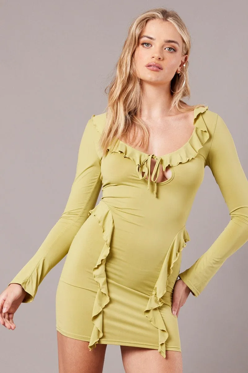 Green Ruffle Mini Dress Bell Cuff Bodycon Dress sold by Ally Fashion product image thumbnail 3