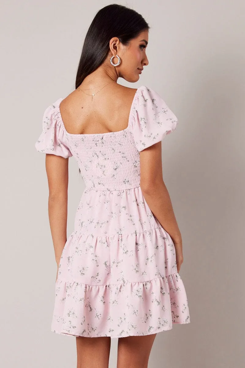 Pink Floral Fit And Flare Dress Puff Sleeve sold by Ally Fashion product image thumbnail 5