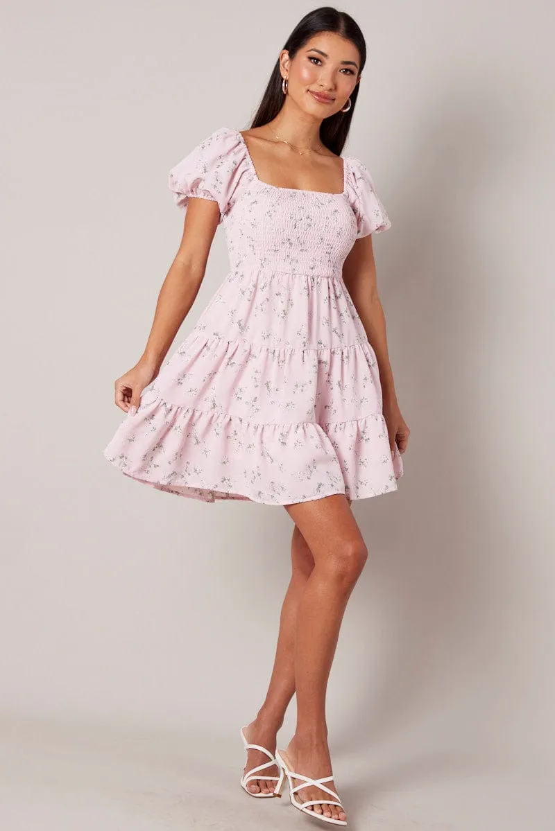 Pink Floral Fit And Flare Dress Puff Sleeve sold by Ally Fashion product image thumbnail 2