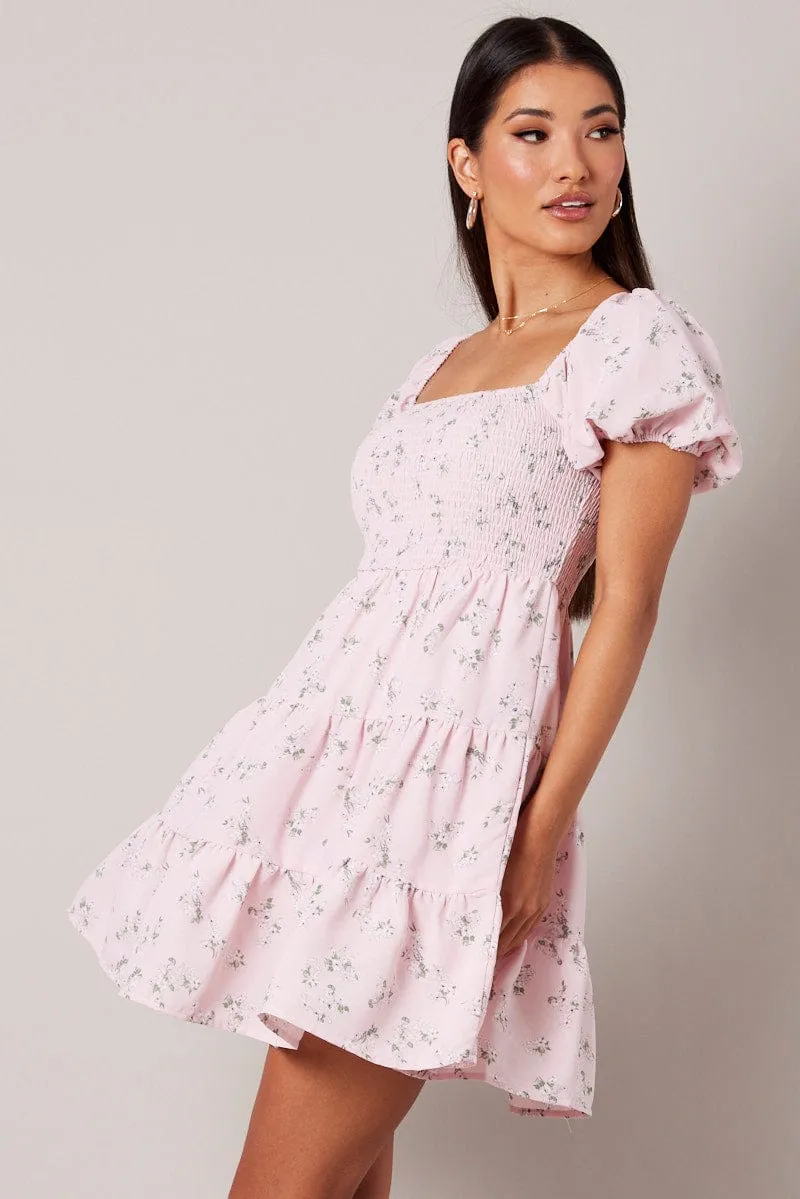Pink Floral Fit And Flare Dress Puff Sleeve sold by Ally Fashion product image thumbnail 3