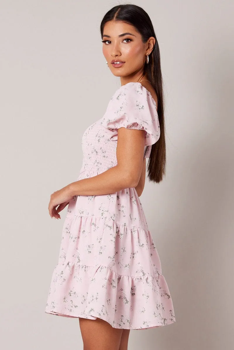 Pink Floral Fit And Flare Dress Puff Sleeve sold by Ally Fashion product image thumbnail 4