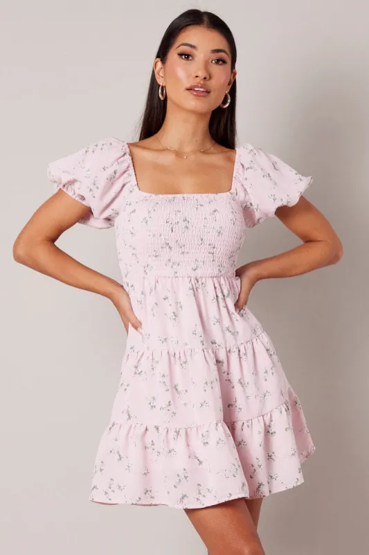Pink Floral Fit And Flare Dress Puff Sleeve sold by Ally Fashion