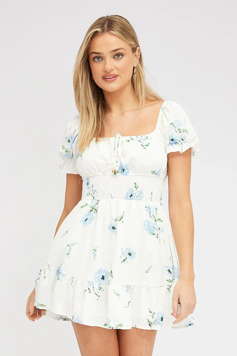 White Floral Fit And Flare Dress Puff Sleeve Mini sold by Ally Fashion product image thumbnail 3