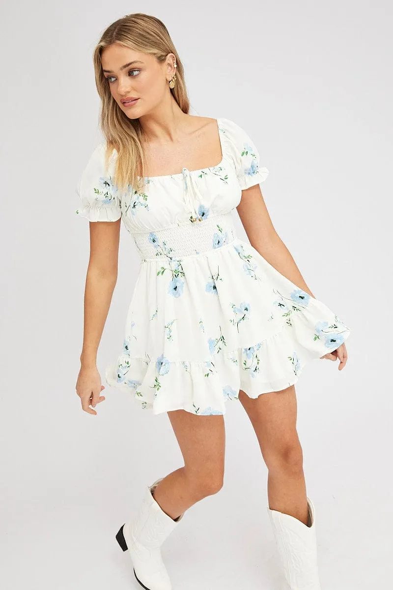 White Floral Fit And Flare Dress Puff Sleeve Mini sold by Ally Fashion