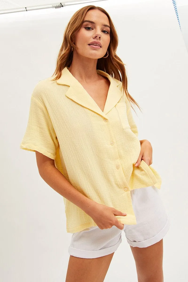 Yellow Textured Shirt Short Sleeve Collared Cotton sold by Ally Fashion