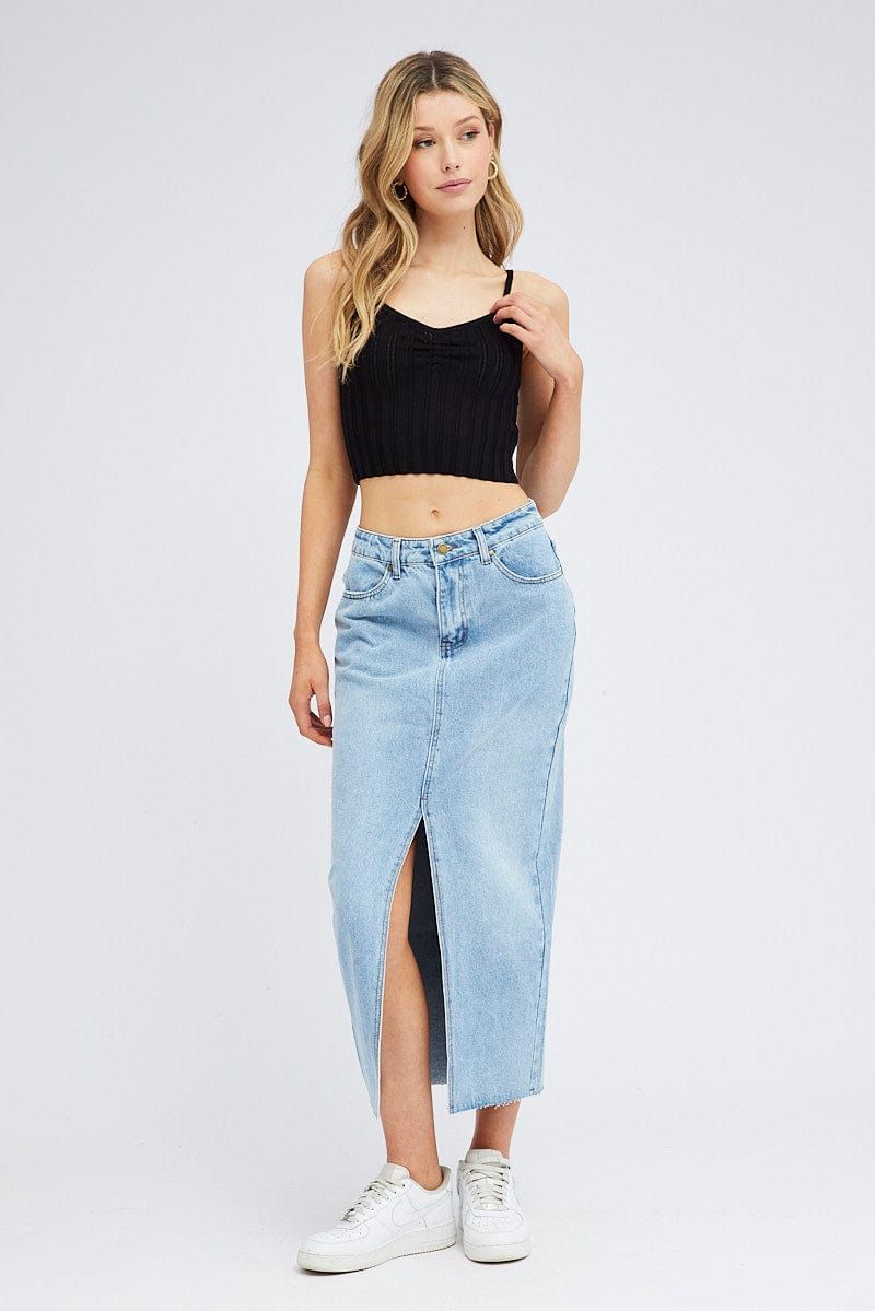 Blue Denim Maxi Skirt Front Split sold by Ally Fashion