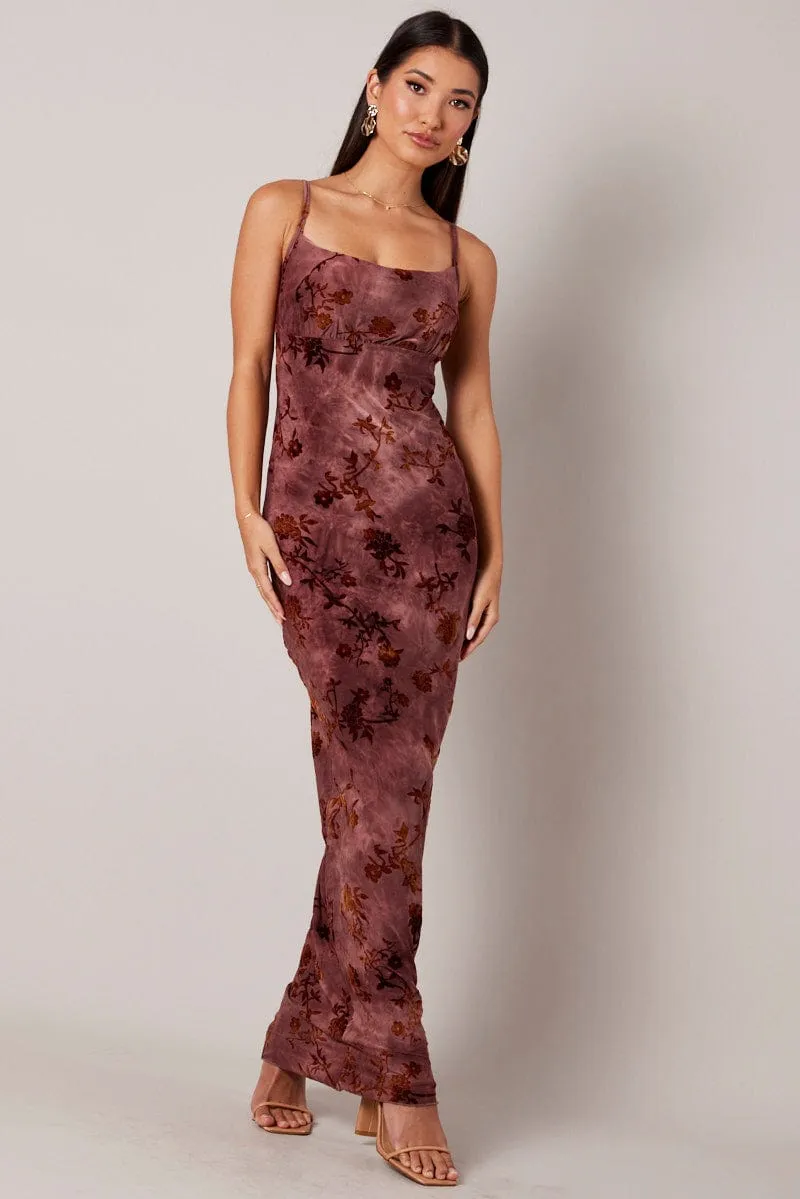 Brown Floral Slip Dress Cowl Neck Maxi Velvet Devore Dress sold by Ally Fashion product image thumbnail 3