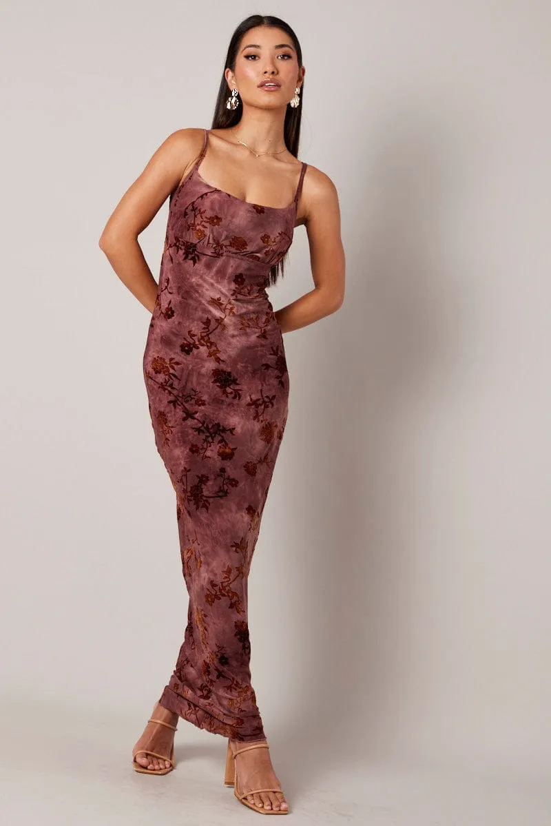 Brown Floral Slip Dress Cowl Neck Maxi Velvet Devore Dress sold by Ally Fashion product image thumbnail 2