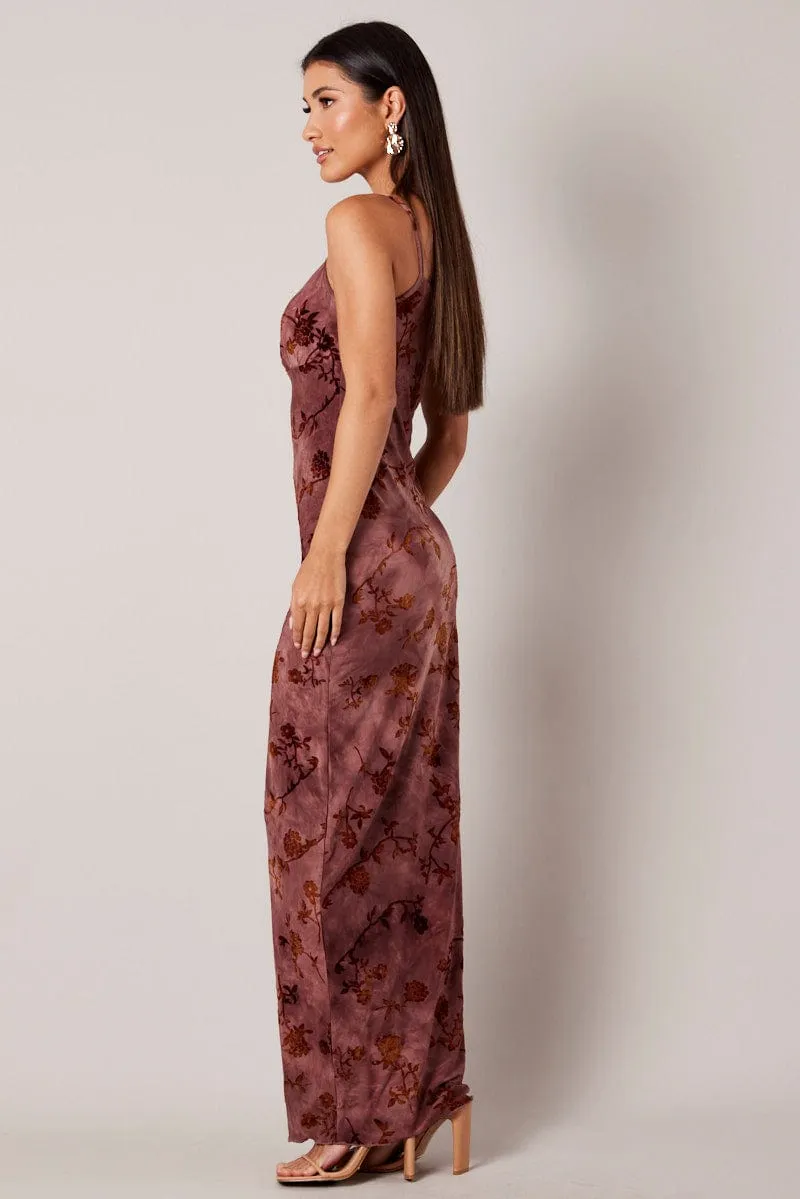 Brown Floral Slip Dress Cowl Neck Maxi Velvet Devore Dress sold by Ally Fashion product image thumbnail 4