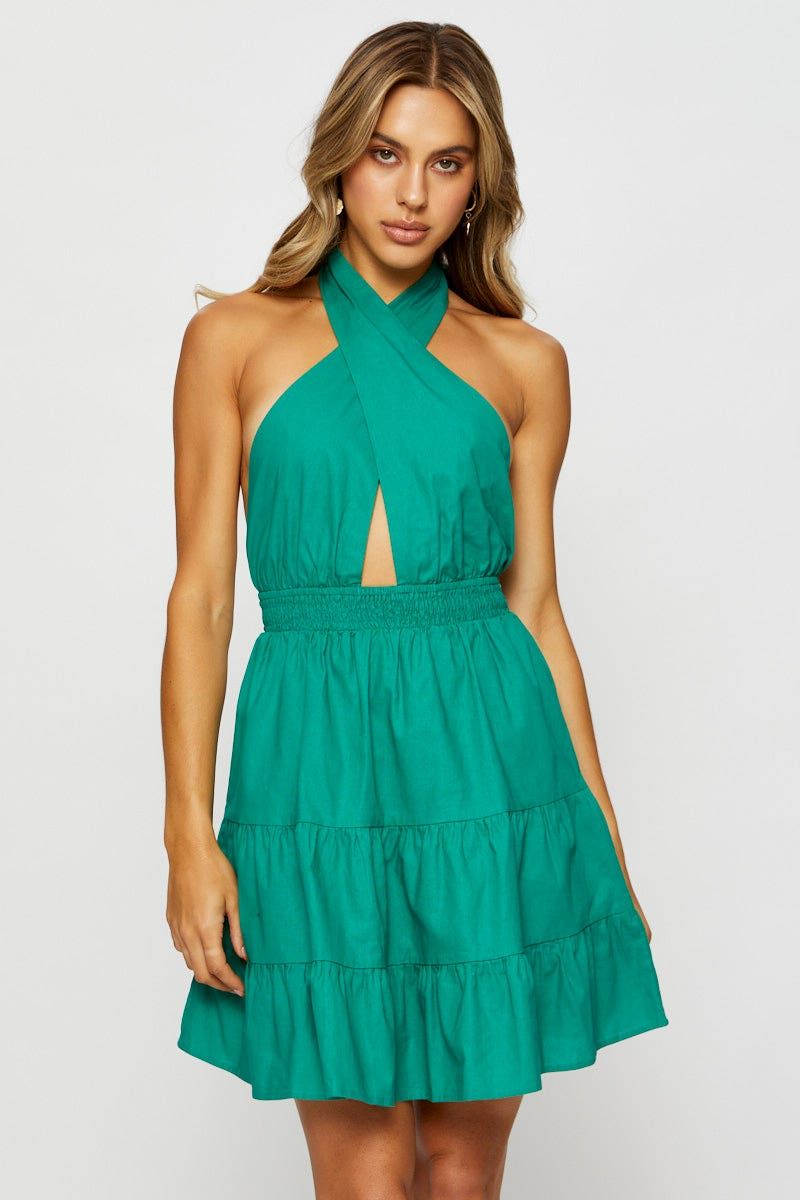Green Mini Dress Halter Neck Linen sold by Ally Fashion