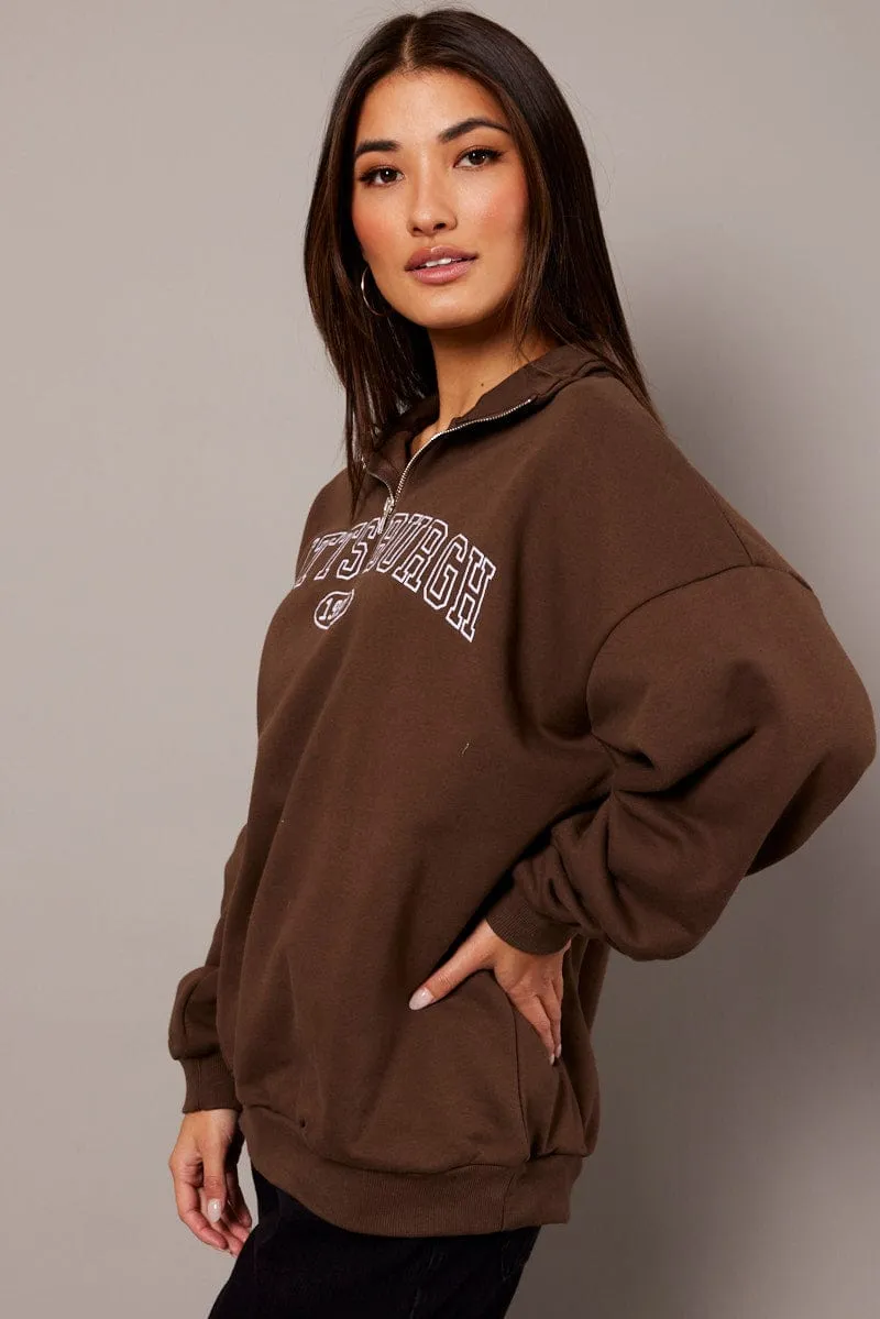 Brown Zip Neck Sweater Oversized sold by Ally Fashion product image thumbnail 4