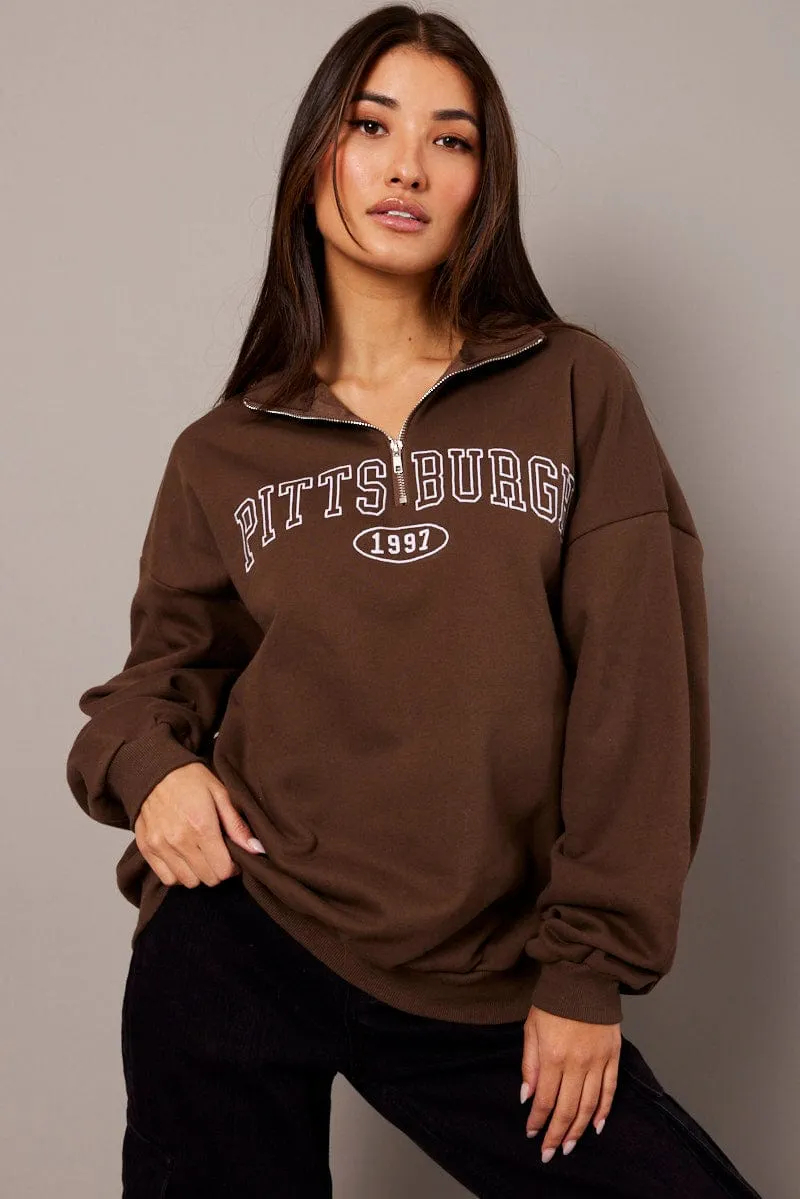 Brown Zip Neck Sweater Oversized sold by Ally Fashion