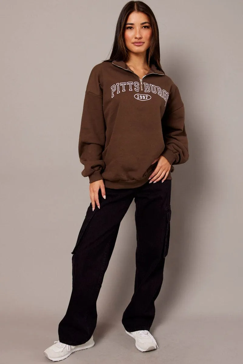 Brown Zip Neck Sweater Oversized sold by Ally Fashion product image thumbnail 2