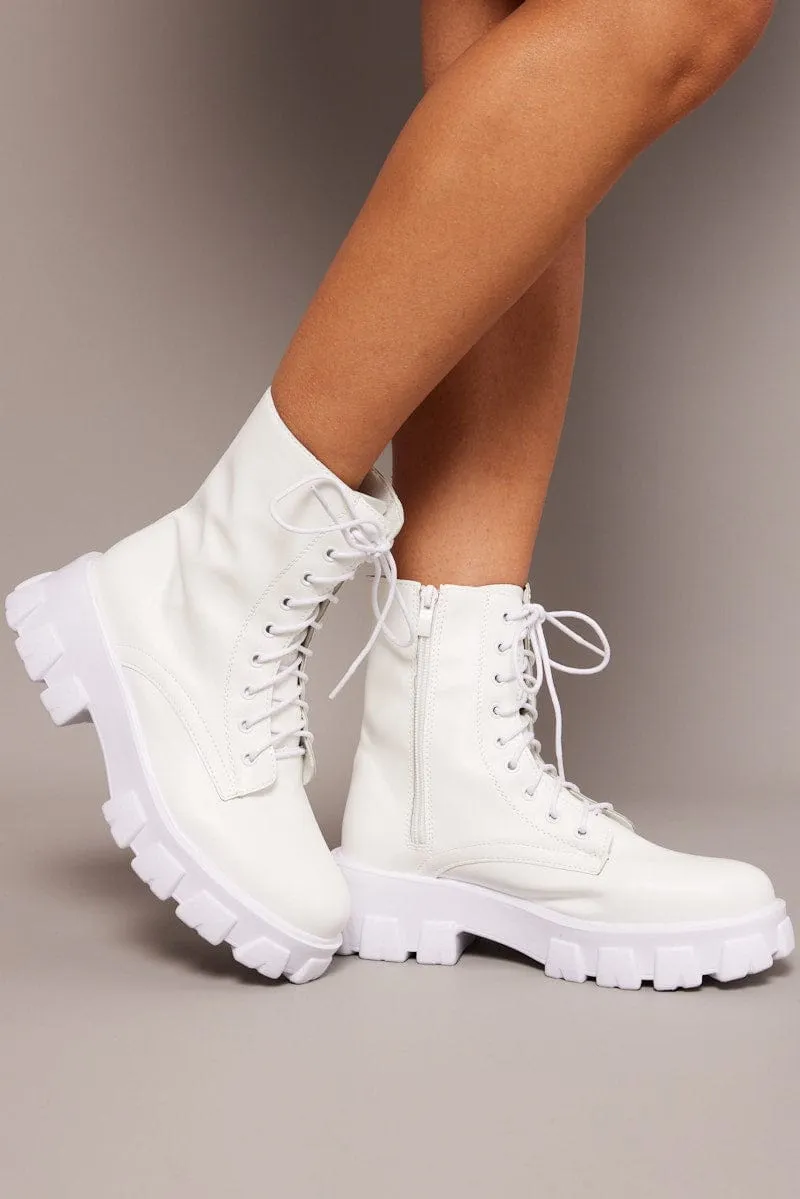 White Chunky Lace Up Ankle Boots sold by Ally Fashion