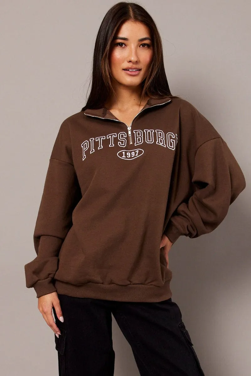 Brown Zip Neck Sweater Oversized sold by Ally Fashion product image thumbnail 3
