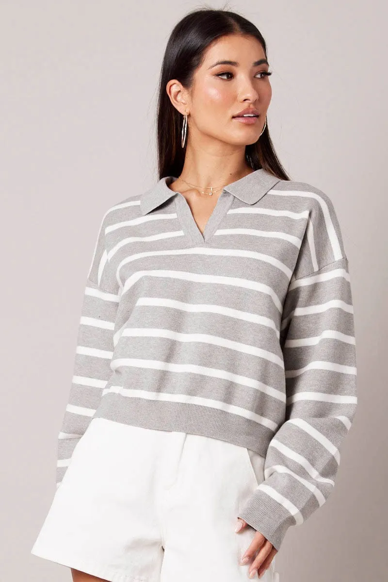 Grey Stripe Knit Top Long Sleeve Collar sold by Ally Fashion product image thumbnail 3