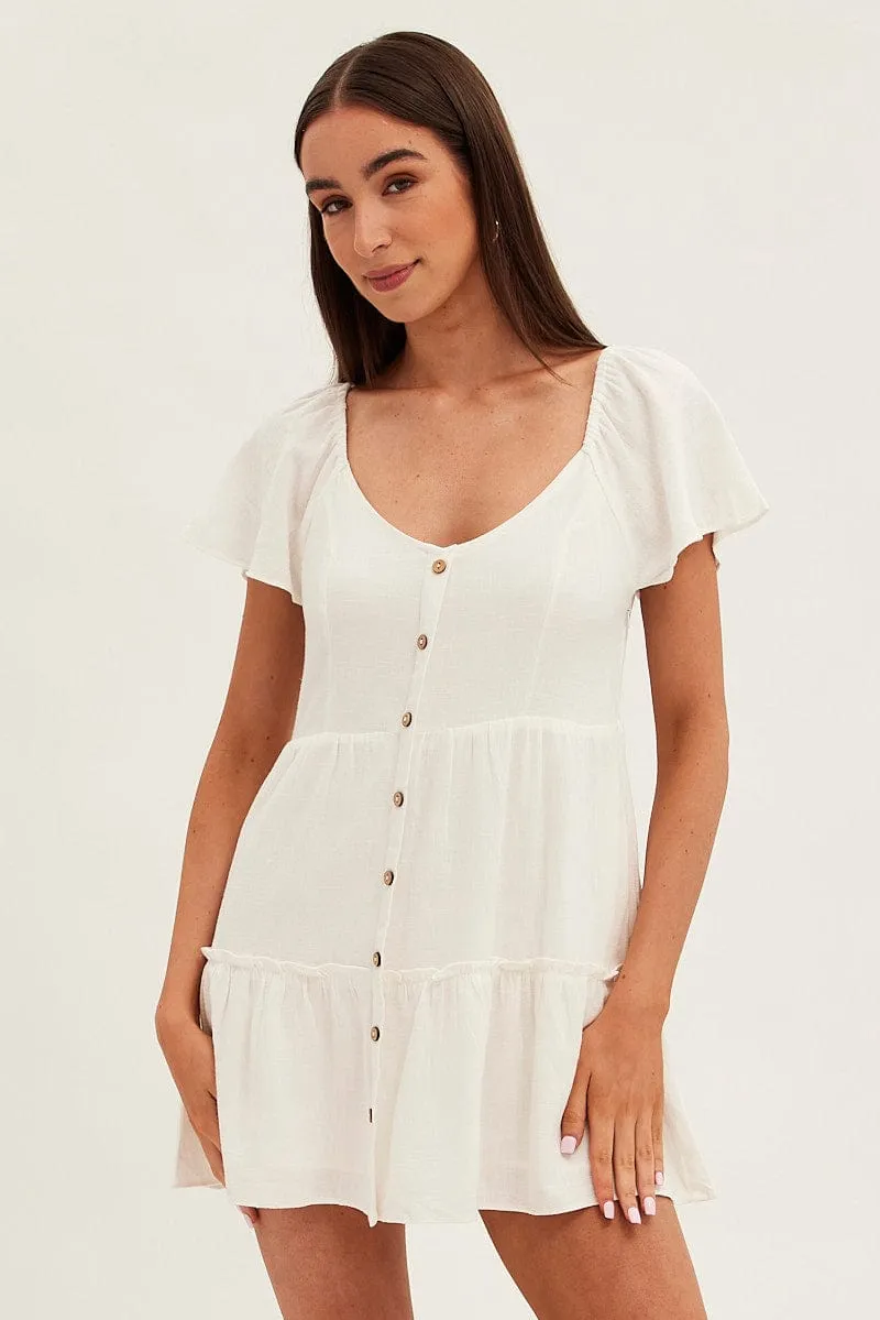 White Dress Square Neck Short Sleeve Tiered Button Front sold by Ally Fashion product image thumbnail 3