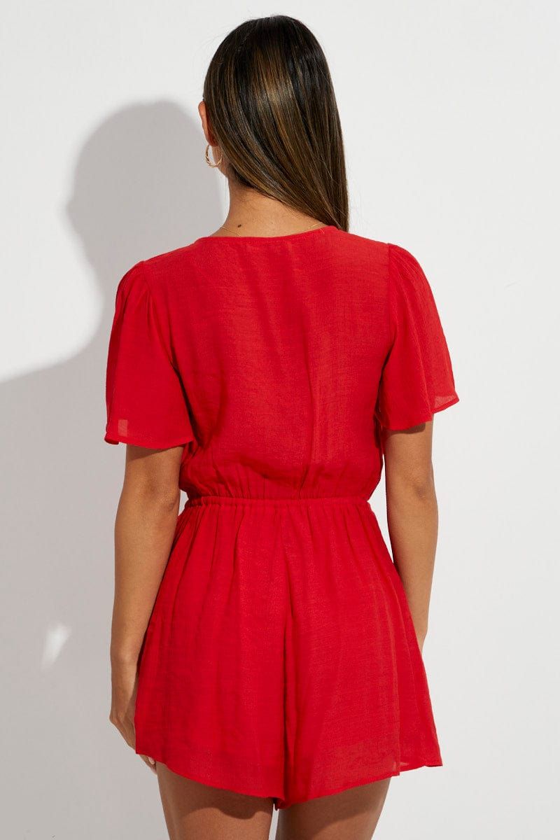 Red Mini Playsuit V Neck Short Sleeve sold by Ally Fashion product image thumbnail 5