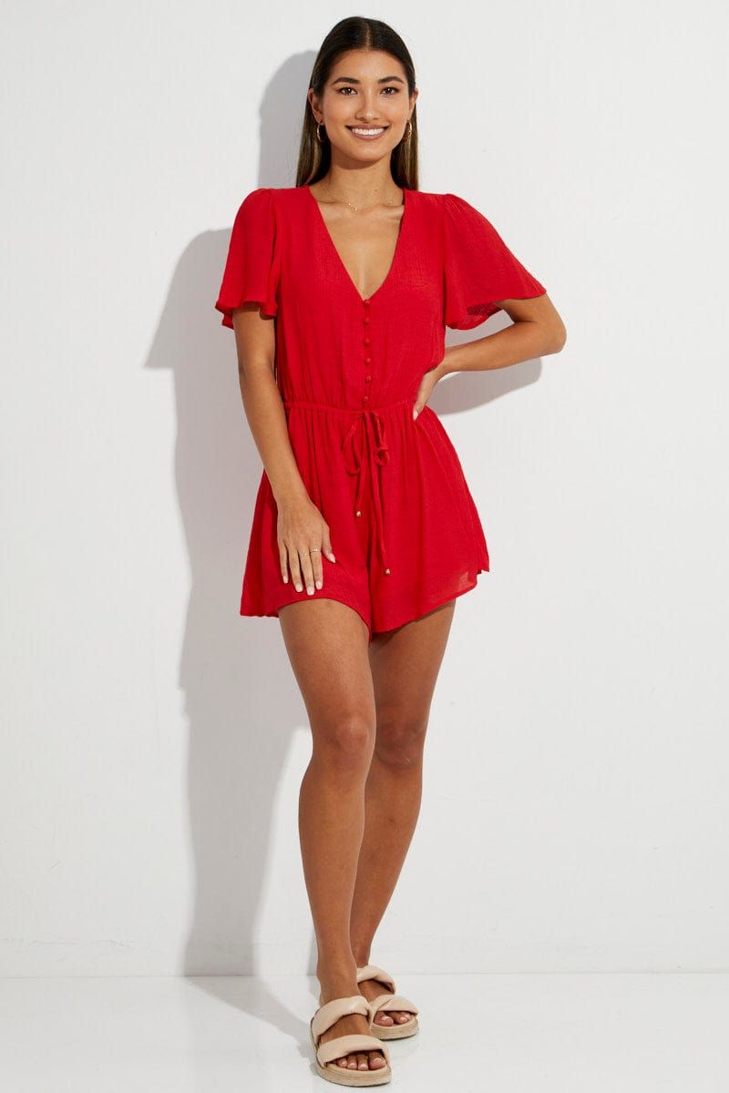 Red Mini Playsuit V Neck Short Sleeve sold by Ally Fashion product image thumbnail 2