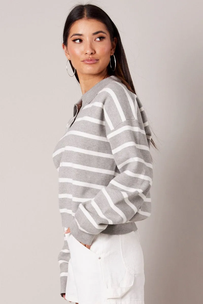Grey Stripe Knit Top Long Sleeve Collar sold by Ally Fashion product image thumbnail 4