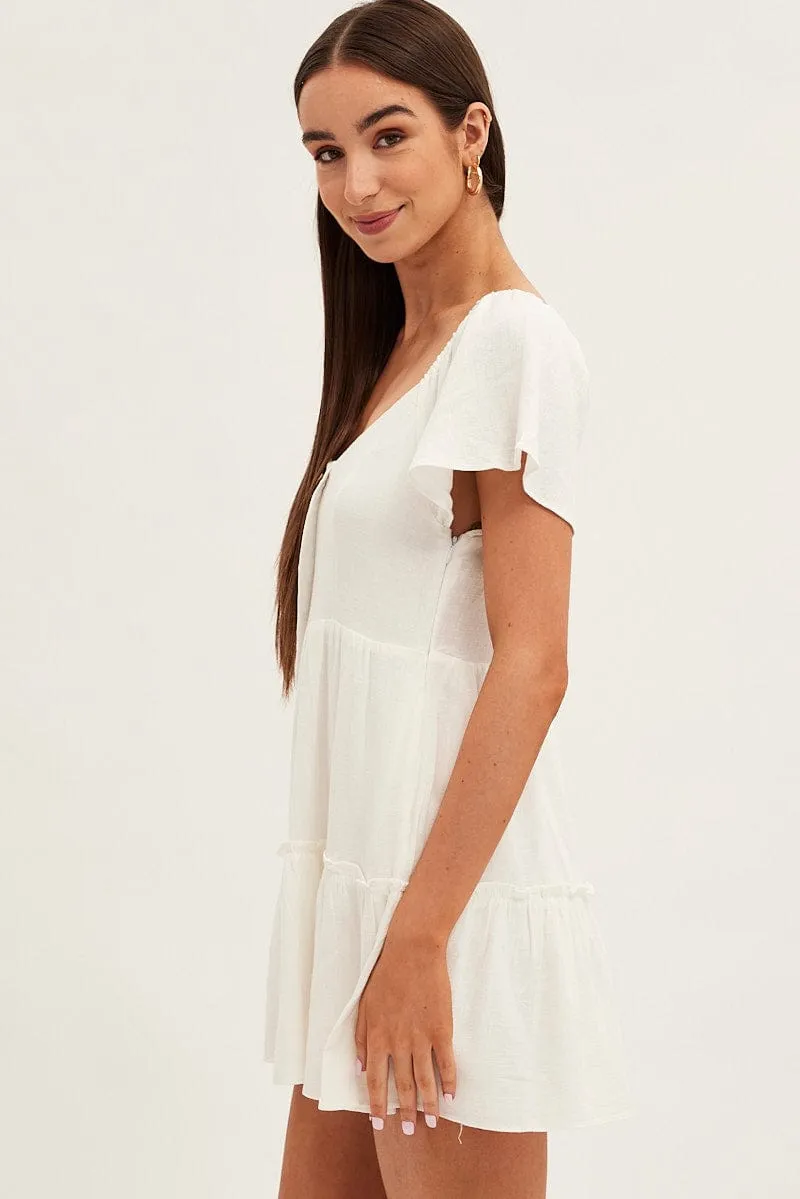 White Dress Square Neck Short Sleeve Tiered Button Front sold by Ally Fashion product image thumbnail 4