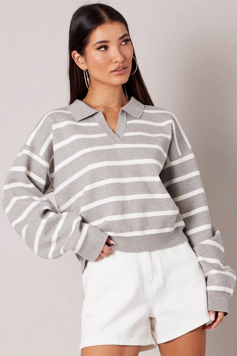 Grey Stripe Knit Top Long Sleeve Collar sold by Ally Fashion