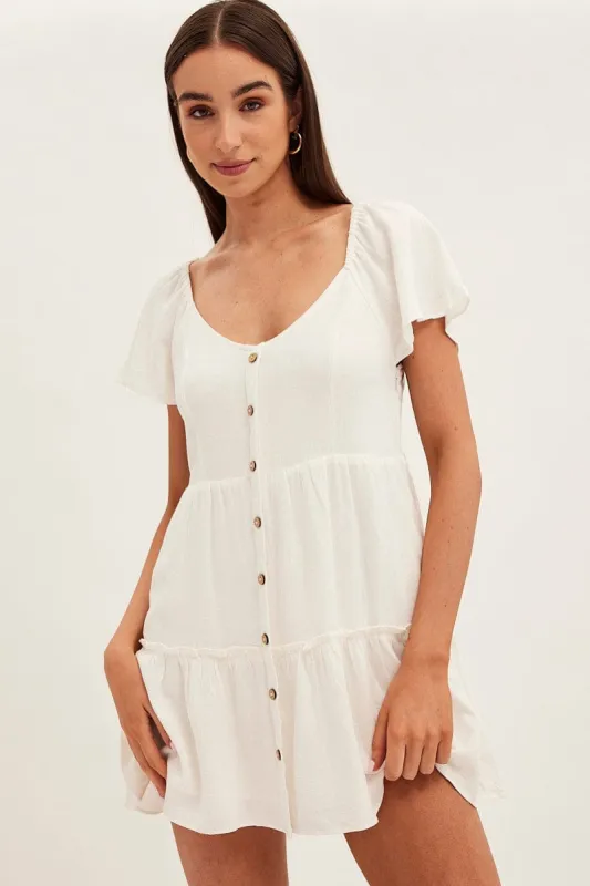 White Dress Square Neck Short Sleeve Tiered Button Front sold by Ally Fashion